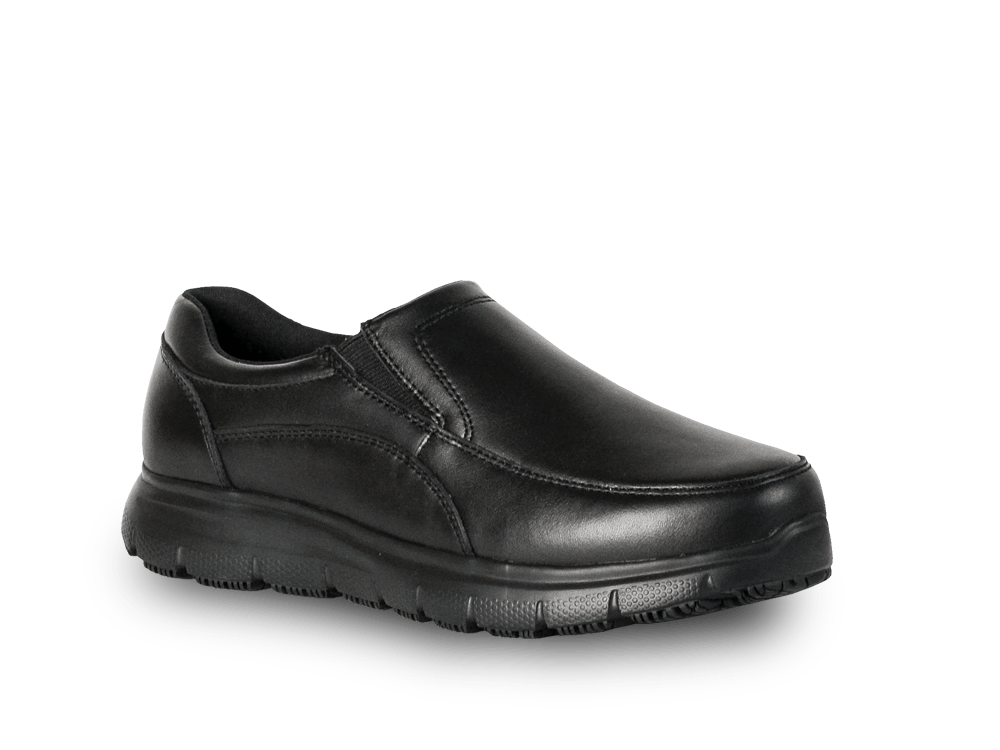 Bata Atlanta Black Leather Slip On Safety Shoe, size 6, offers comfort, slip resistance, and heat protection for demanding jobs.