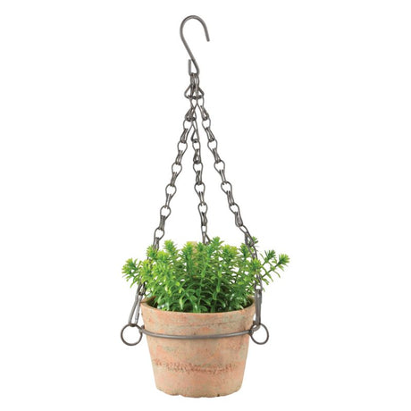 Aged terracotta hanging pot (12 x 8cm) with rustic charm, drainage hole, and hook for indoor or outdoor plant displays.