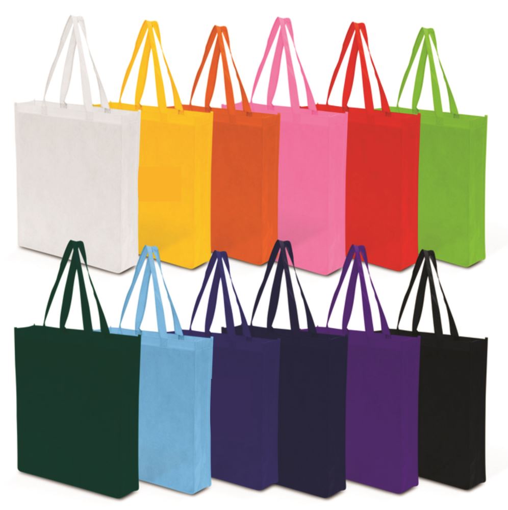 Colorful bundle of 50 eco-friendly non-woven tote bags with long handles and 90 mm gusset, ideal for shopping and events.