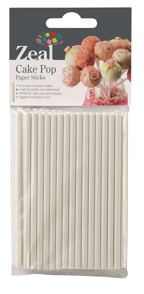 Packet of 50 sturdy 15cm white paper cake pop sticks by Zeal, perfect for presenting desserts at any celebration.