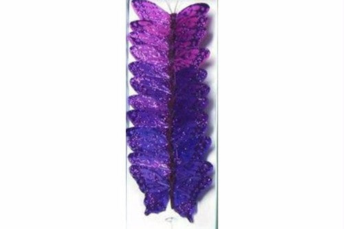 Set of 12 purple feather butterflies with glitter, each 9cm, perfect for crafts and elegant decorations.