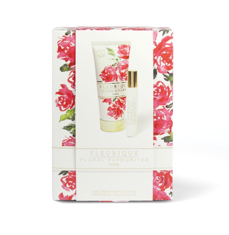 Fleurique Hand Cream & Perfume Oil Gift Set featuring rose scent, elegant packaging, perfect for pampering and self-care.