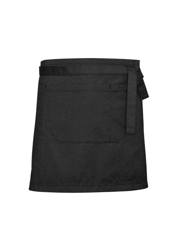 Unisex half waist apron in black denim, featuring removable straps, front pocket, and antique brass fittings for style and functionality.