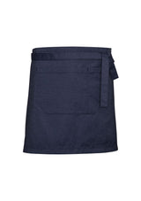 Unisex Urban 1/2 Waist Apron in Blue Denim, featuring a divided pocket, adjustable straps, and durable fabric for versatile wear.