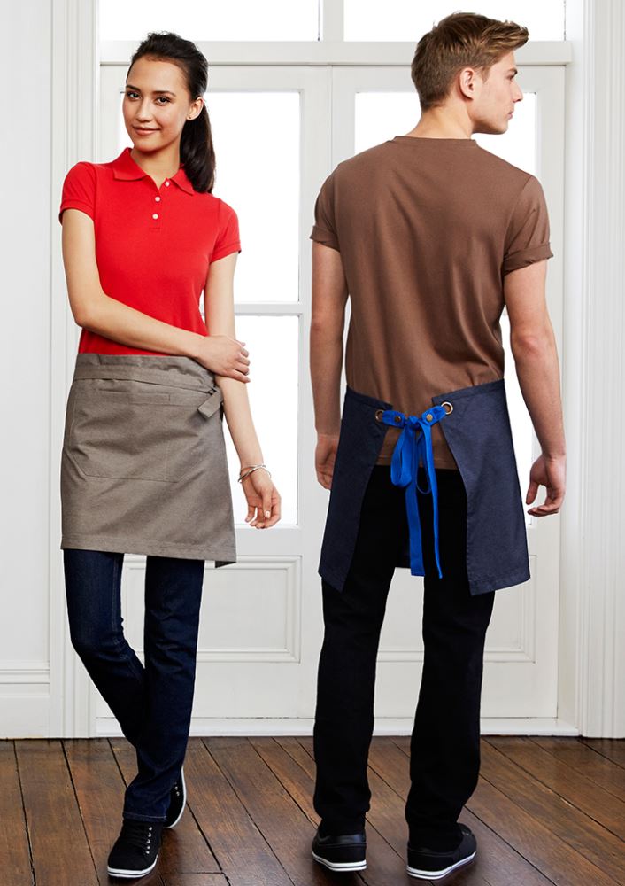 Unisex black denim half waist apron with pocket, adjustable straps, and urban chic design for kitchen and service professionals.