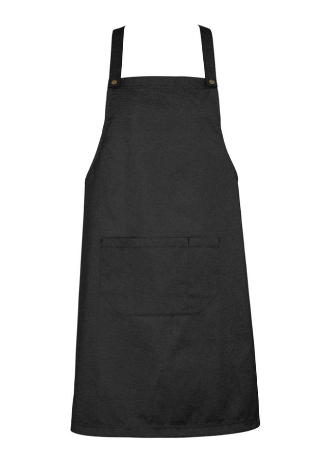 Unisex black denim urban bib apron with adjustable x-back straps, divided pocket, and stylish antique brass fittings.