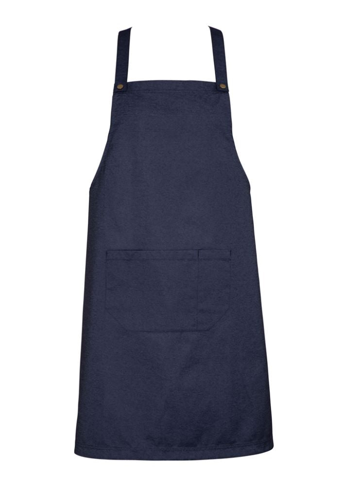 Unisex Blue Denim Urban Bib Apron with adjustable x-back straps and divided pocket, ideal for chefs and artists.