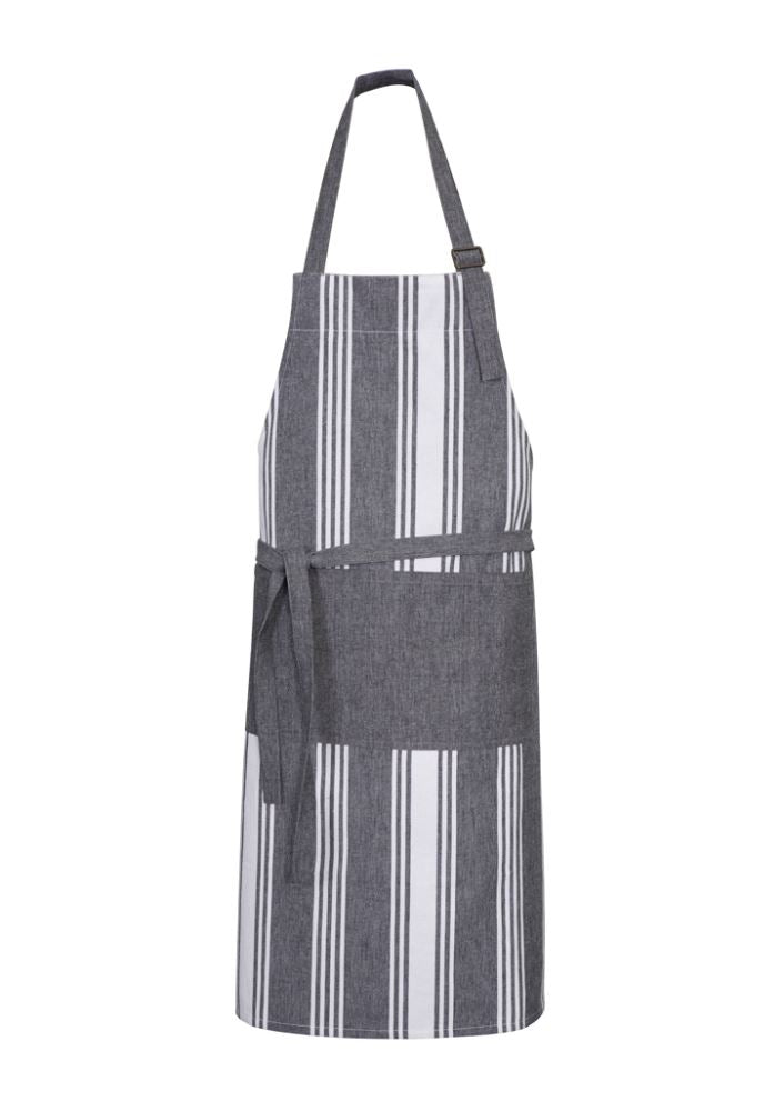 Unisex charcoal/white bib apron featuring chambray stripe, adjustable neck loop, and divided front pocket for chefs.