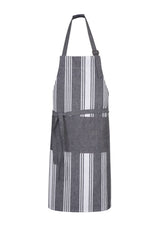 Unisex charcoal/white bib apron featuring chambray stripe, adjustable neck loop, and divided front pocket for chefs.