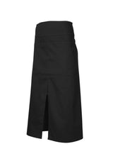 Stylish black full-length apron with fold-over waist, towel loop, and large front pocket for versatile kitchen use.