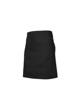 Short waisted black apron from Biz Collection, featuring a towel loop and large front pocket, perfect for chefs and waitstaff.