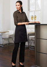 Black Short Waisted Apron by Biz Collection, featuring a towel loop and front pocket, designed for comfort and style.