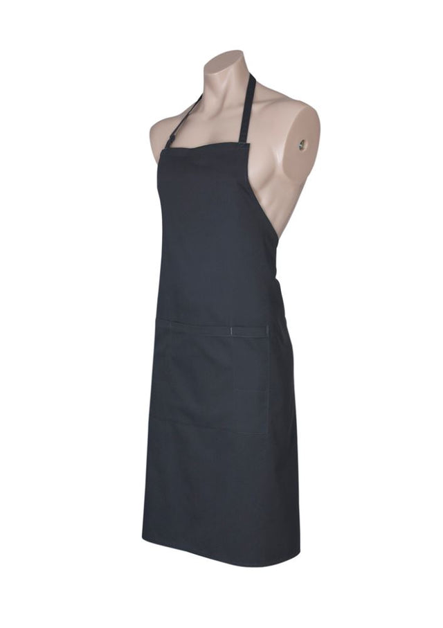 Stylish charcoal bib apron from Biz Collection, featuring adjustable straps, large pocket, and towel loop for kitchen convenience.