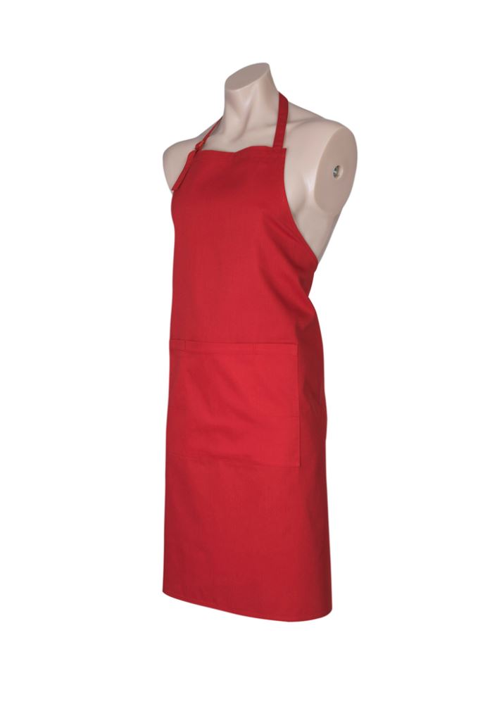 Bright red bib apron from Biz Collection with adjustable straps, central pocket, and towel loop, perfect for cooking and grilling.