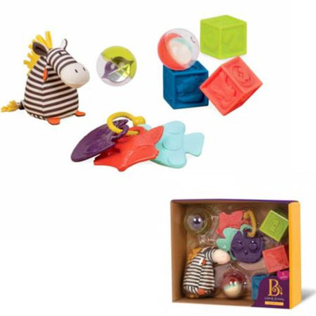 Colorful Playtime Set with squeaky blocks, teethers, spinning balls, and a chubby zebra, perfect for sensory development.