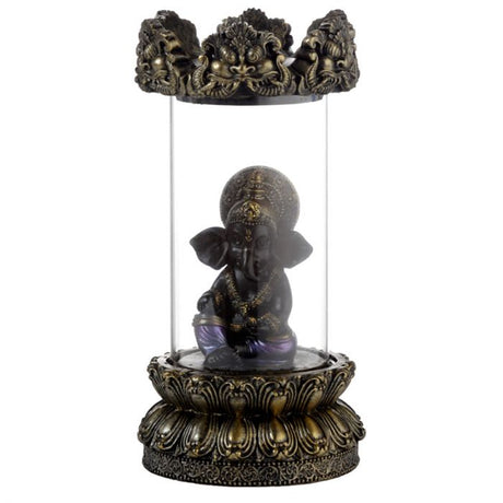 Ganesh LED Backflow Incense Burner featuring cascading smoke and illuminating LED lights for a serene atmosphere.