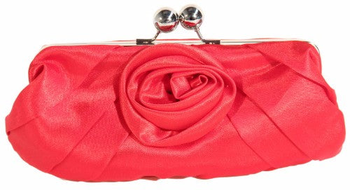 Elegant red clutch purse with pleated design and a single rose detail, perfect for special occasions.