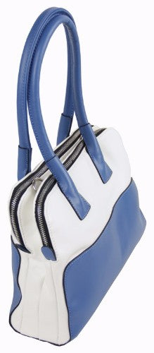 Two-tone blue and black handbag, 33x22x11cm, featuring durable YKK zips, stylish for any occasion.