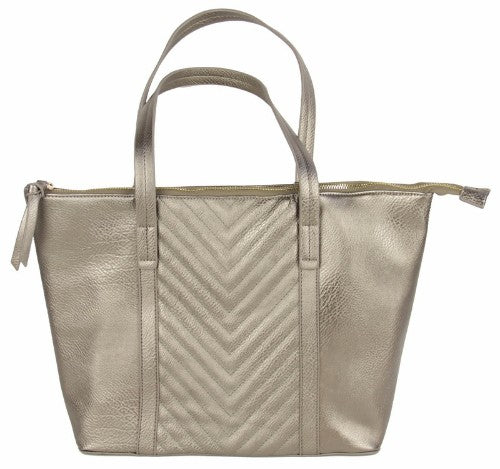 Stylish pewter handbag made of premium PU leather with YKK zippers, perfect for day-to-night use.