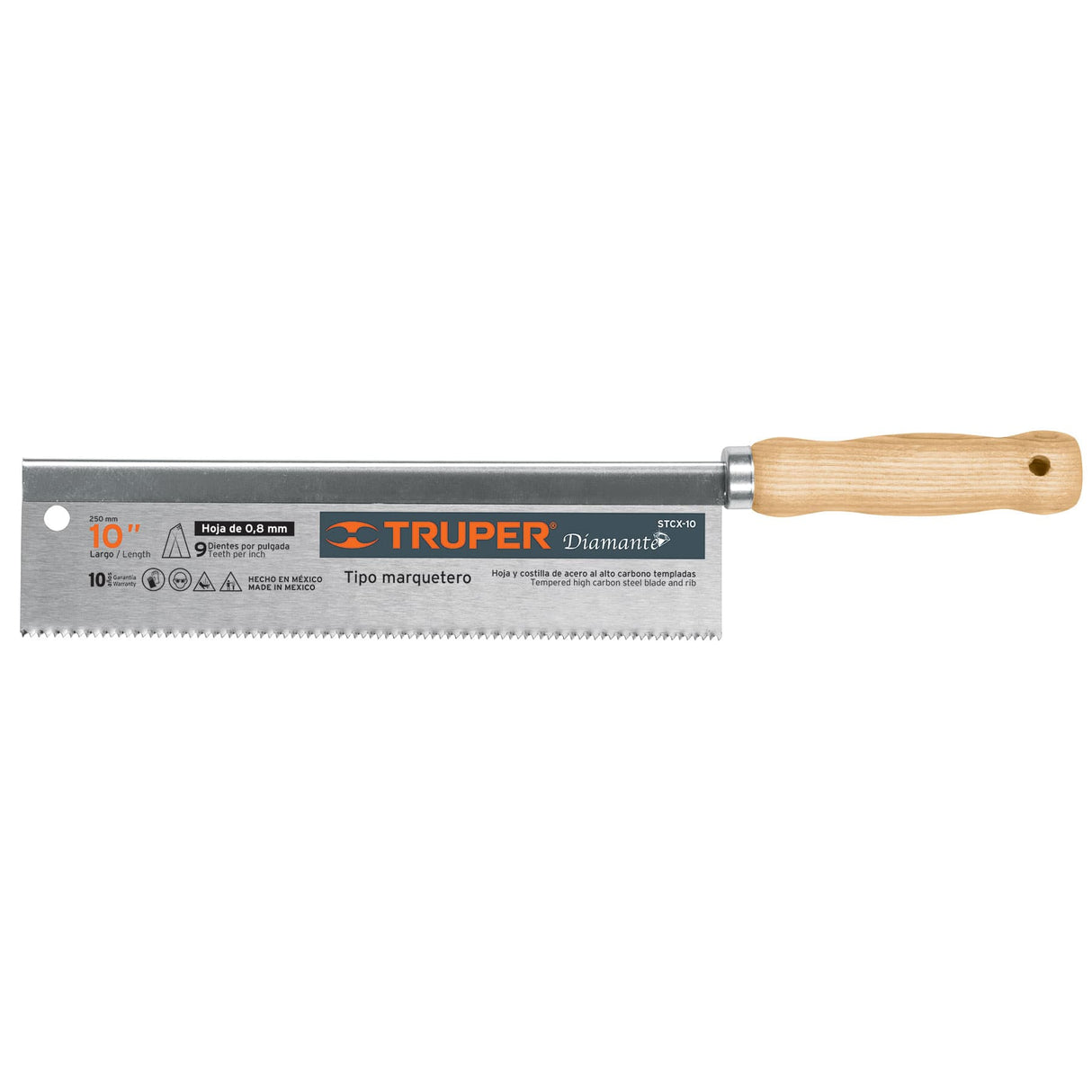 Dovetail Saw 250MM Truper with rigid back, 15 TPI blade, 48mm depth for precise cuts in woodworking projects.