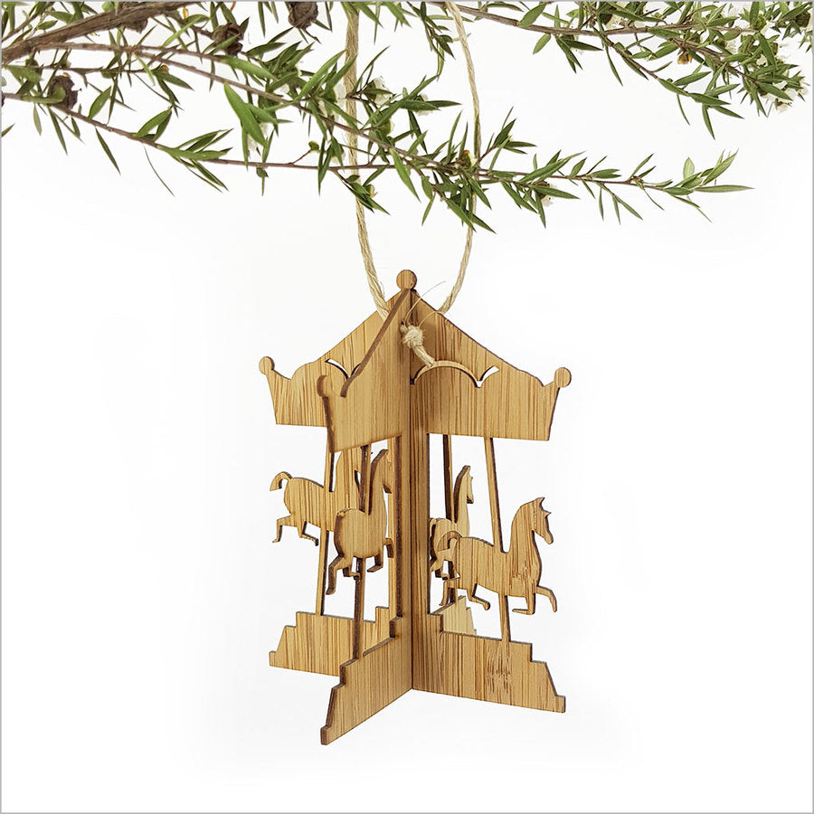 Whimsical bamboo Carousel ornament, 81 x 96 mm, perfect for eco-friendly holiday decor and nostalgic Christmas charm.