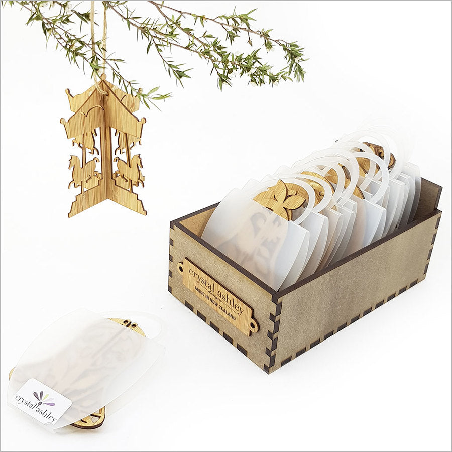 Bamboo Carousel Ornament, 81 x 96 mm, adds whimsical charm to holiday decor, perfect for Christmas trees and collectors.