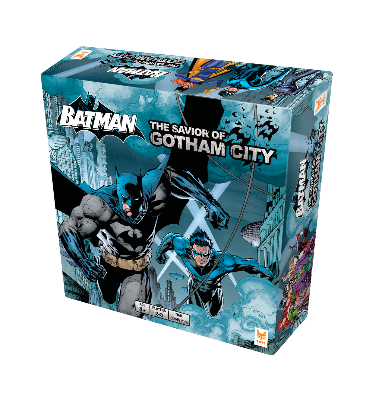 Board game featuring Batman, where players become heroes or villains in Gotham City, suitable for ages 7 and up.