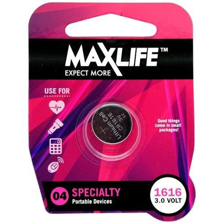 CR1616 Max Life lithium button battery, 3.0V, ideal for calculators, remotes, and high-drain portable devices.