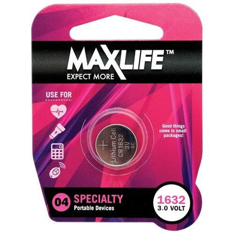 CR1632 lithium button batteries for high-performance devices, offering long-lasting power and reliability with Max Life technology.