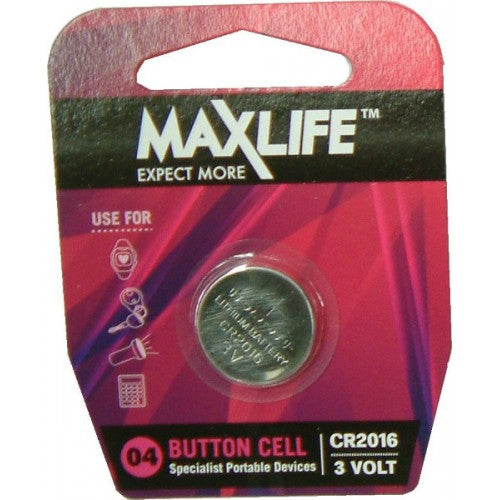 Max-Life CR2016 Lithium Button Battery, 3.0V, ideal for calculators, watches, toys, and keyless remotes.