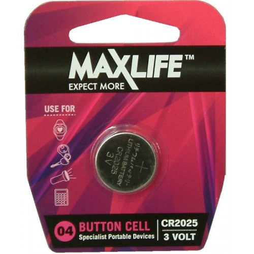 Max-Life CR2025 lithium button battery, 3.0 Volt, ideal for calculators, remotes, and portable devices. Long-lasting and reliable.