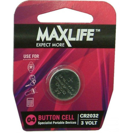 Max-Life CR2032 Lithium Button Battery for reliable power in remotes, calculators, watches, and more, ensuring smooth operation.