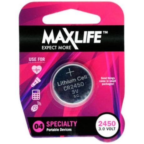 Max-Life CR2450 lithium button batteries, 3.0V, designed for reliable power in calculators, remotes, and portable devices.