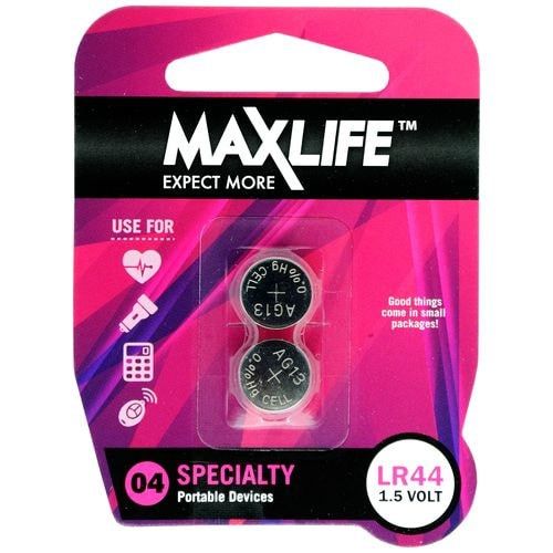 Alkaline LR44 Max-Life button batteries (2 pack) for reliable power in calculators, toys, remotes, and more.