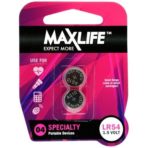 Max Life LR54 alkaline button batteries (2-pack) provide 1.5V power for reliable use in calculators, remotes, and more.