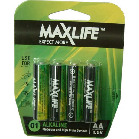 Max-Life Alkaline AA 4-Pack: Reliable power for cameras, toys, smoke alarms, and more, ensuring devices run smoothly.