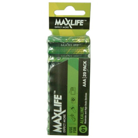 Max-Life Alkaline AAA 20-Pack, reliable power for cameras, toys, smoke alarms, and more, with a 10-year shelf life.