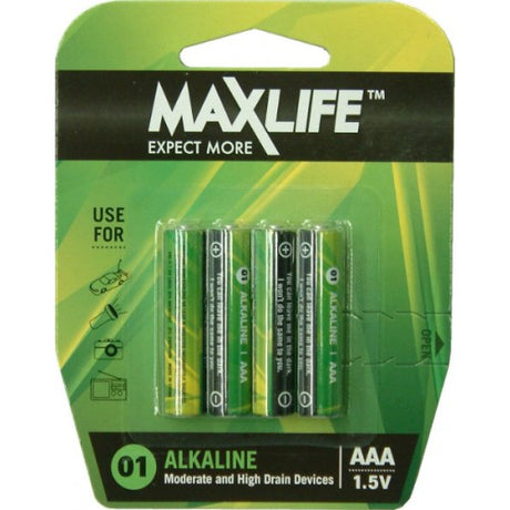 Max-Life Alkaline AAA Batteries 4-Pack for reliable power in cameras, toys, smoke alarms, and more. Long-lasting performance.