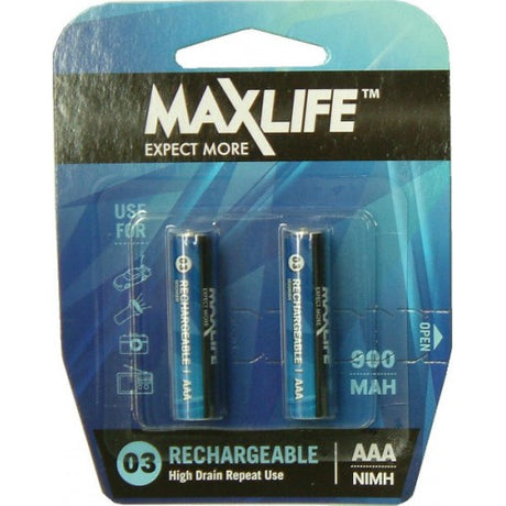 Max-Life Rechargeable AAA batteries, 900 mAh, eco-friendly power for gadgets, toys, and cameras, long-lasting and efficient.