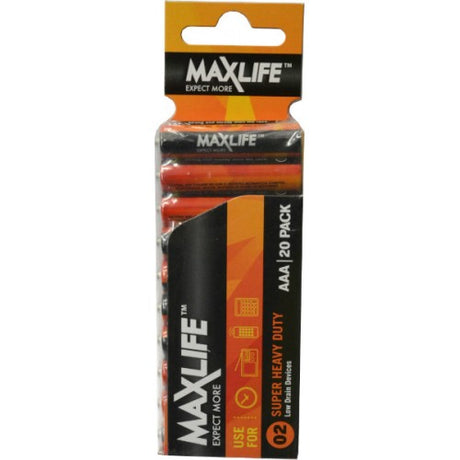 Max-Life Super Heavy Duty AAA Batteries 20-Pack for reliable, long-lasting power in toys, remotes, and small electronics.