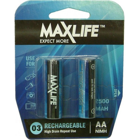 Max-Life Rechargeable AA Batteries 2-Pack featuring 2500 mAh capacity, ideal for eco-friendly power in everyday devices.