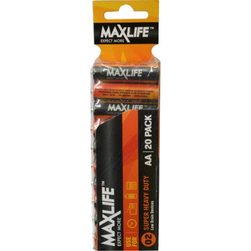 Max-Life Super Heavy Duty AA 20-Pack provides durable, long-lasting power for remote controls, toys, and clocks.