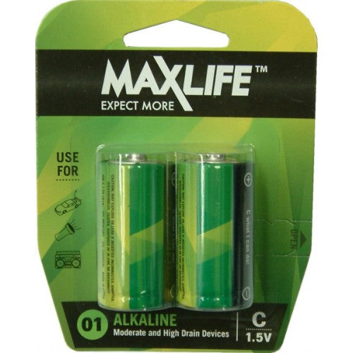 Max-Life Batteries Alkaline C 2-Pack, designed for high-drain devices, ensuring reliable power for cameras, toys, and more.