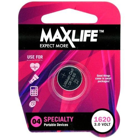 CR1620 Max Life lithium button batteries for reliable power in calculators, watches, and essential gadgets.