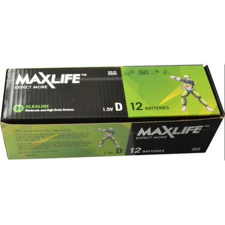 Max-Life Alkaline D Battery 12 Pack, reliable power for cameras, radios, toys, smoke alarms, and more.