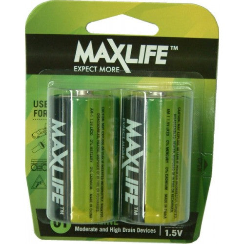 Max-Life Alkaline D batteries in a 2-pack, designed for high-drain devices like cameras, torches, and smoke alarms.