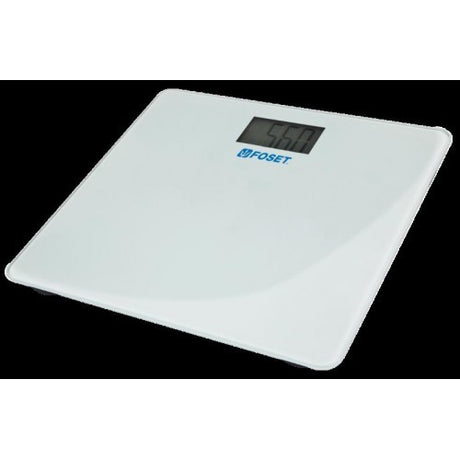 Truper Bathroom Scale: sleek glass design, 180kg capacity, precise sensors, LCD display, auto-off, and included batteries.