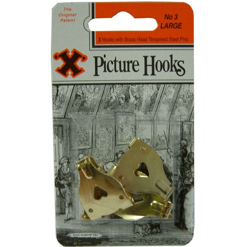 Brass plated steel picture hooks for easy hanging of frames, featuring durable double design and simple installation.