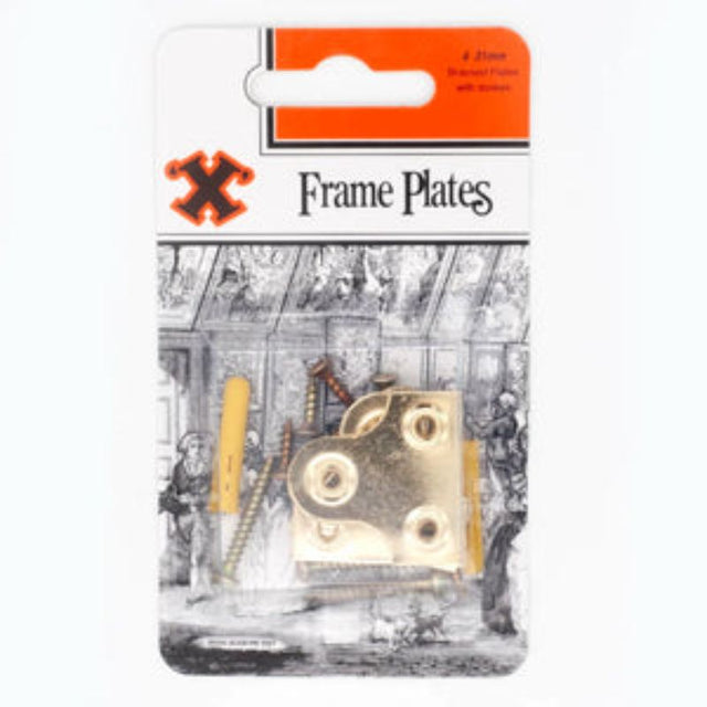 Brass-plated picture plates for secure hanging of photos and mirrors, includes screws and wall plugs, 4 pieces per pack.