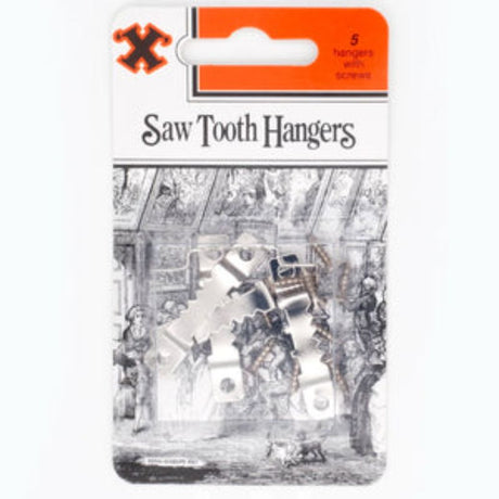 Saw tooth picture hangers in a 5-piece pack, ideal for securely mounting art and frames with easy installation.